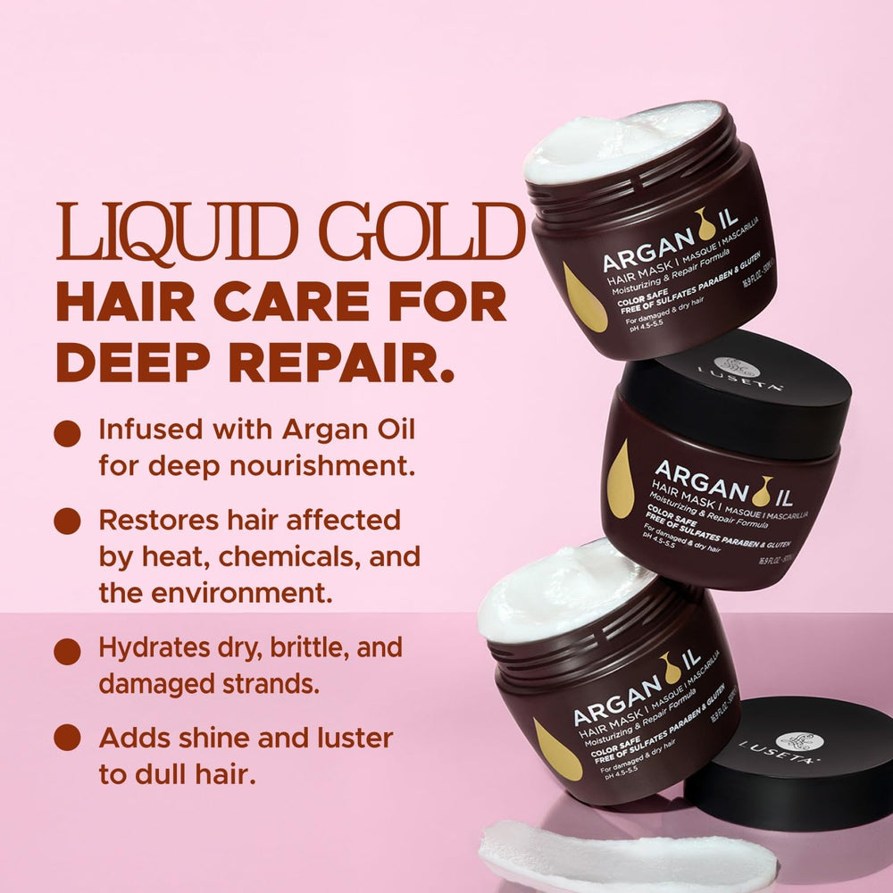 L Luseta Argan Oil Hair Mask five-minute treatment on hair.