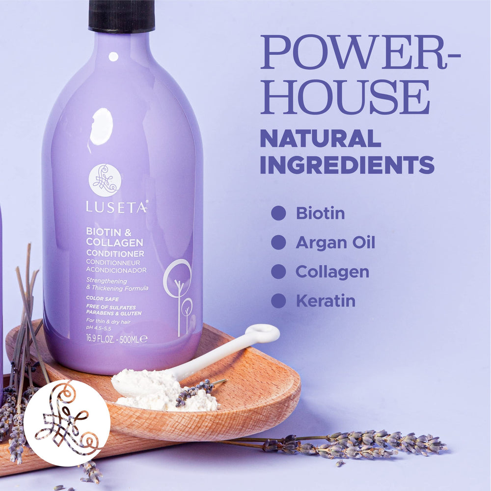L LUSETA argan-oil-infused conditioner imagery showing nourishing shine.