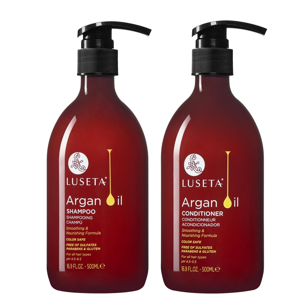 Luseta Argan Oil Shampoo bottle closeup showing nourishing formula for smooth, hydrated hair.