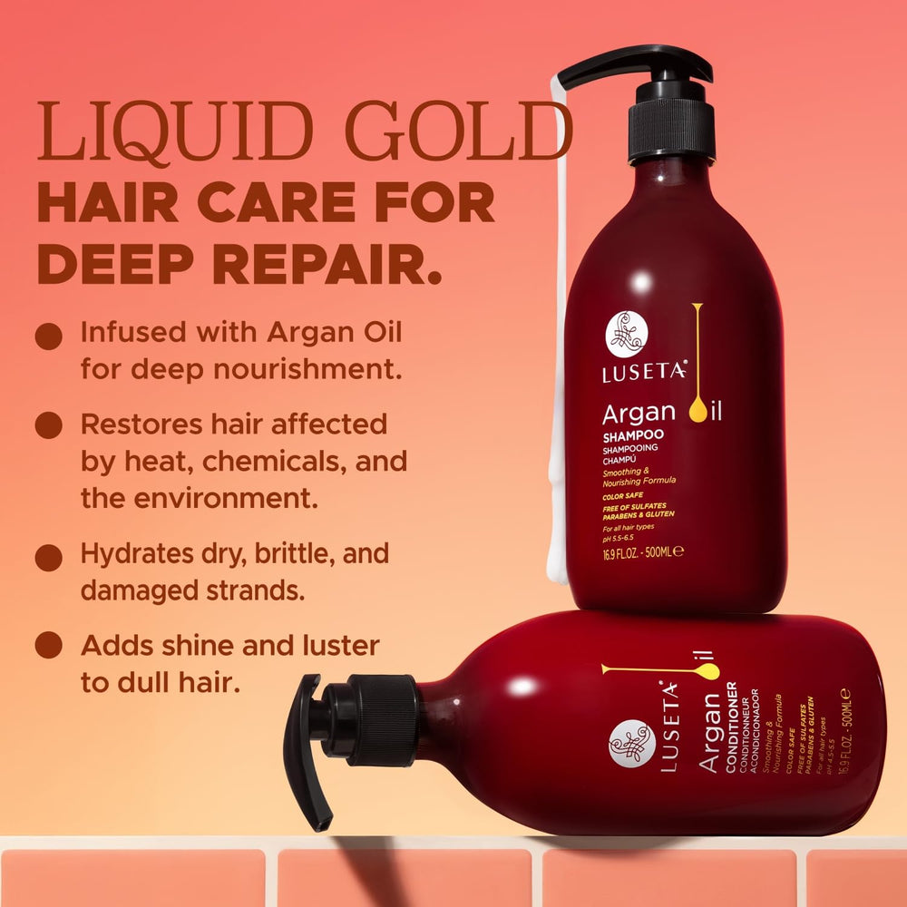 Luseta Argan Oil Shampoo pump dispenser scene suggesting easy daily cleansing.