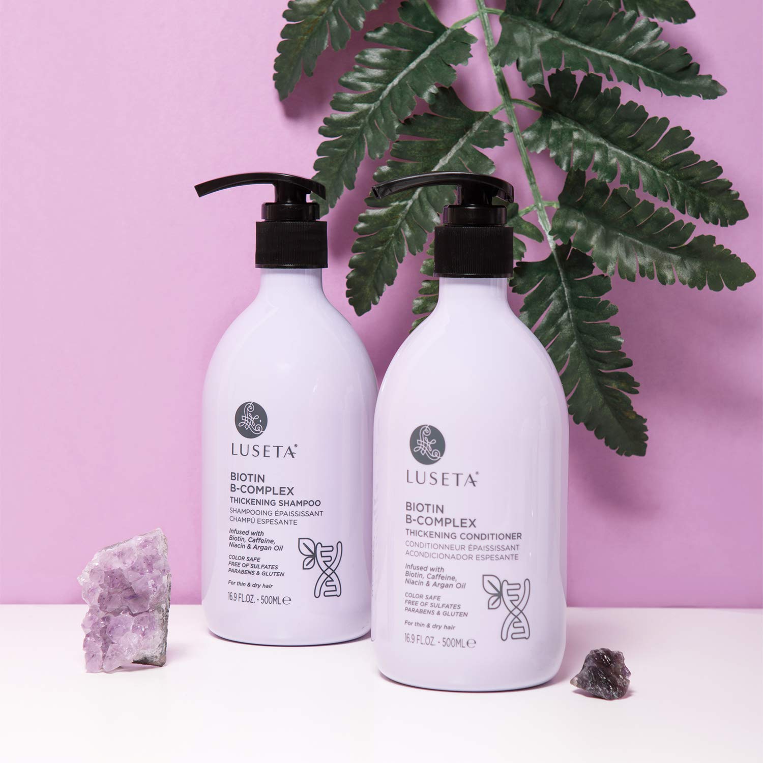 L LUSETA Biotin B-Complex Conditioner bottle supports strengthened strands and reduced breakage.