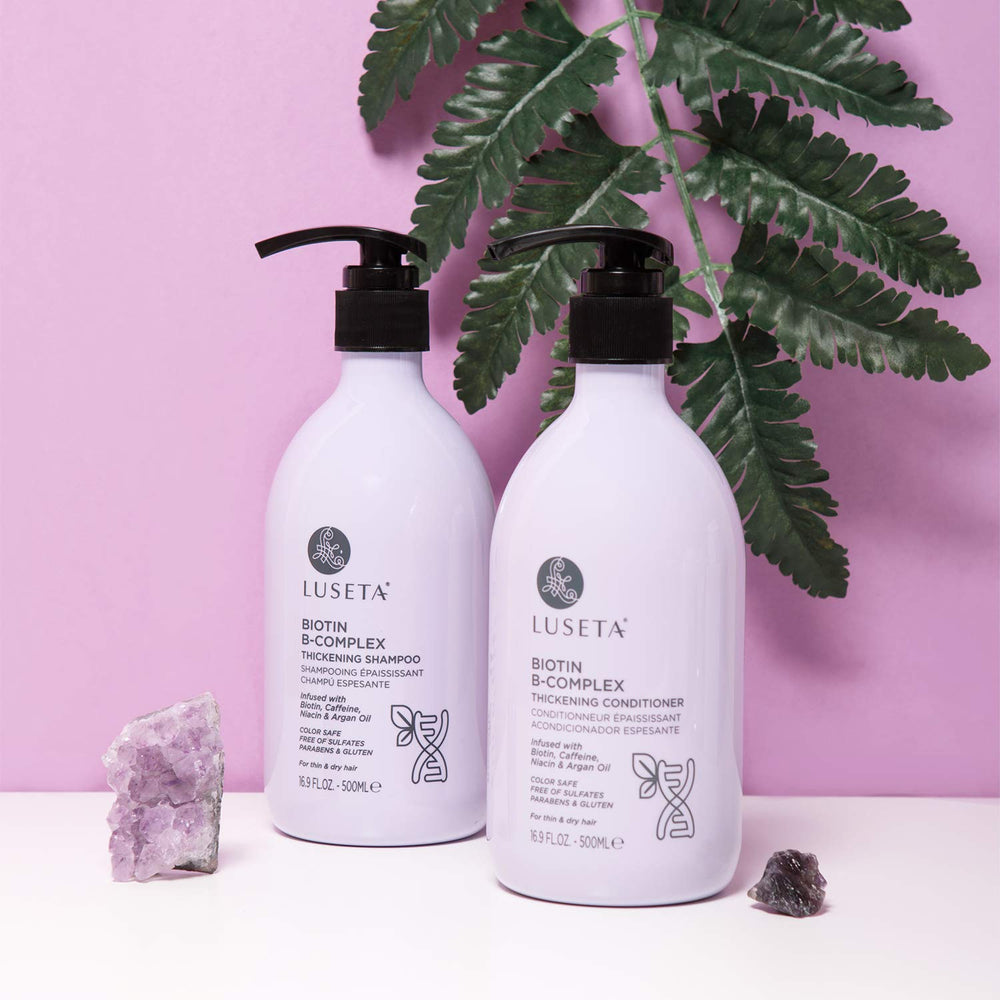 L LUSETA Biotin B-Complex Conditioner bottle supports strengthened strands and reduced breakage.