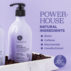 Luseta Biotin B-Complex Shampoo with argan oil drop for nourishing ingredients.