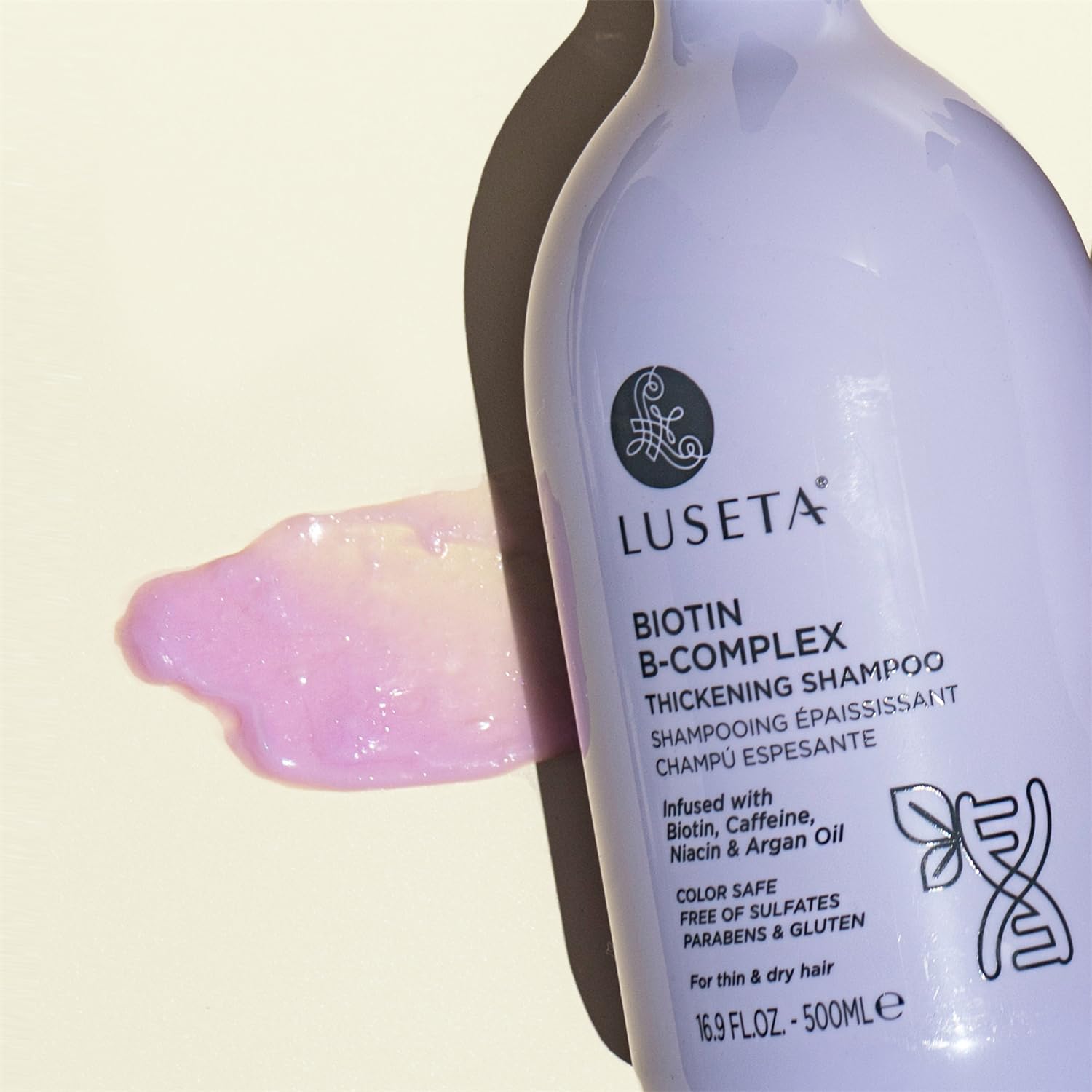 Luseta Biotin B-Complex Shampoo in a bathroom setting for routine use.