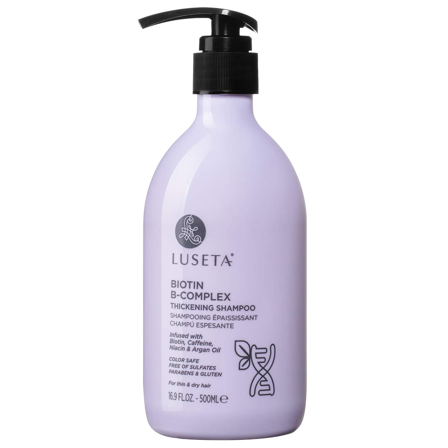 Luseta Biotin B-Complex Shampoo bottle with pump for easy daily use and scalp care.