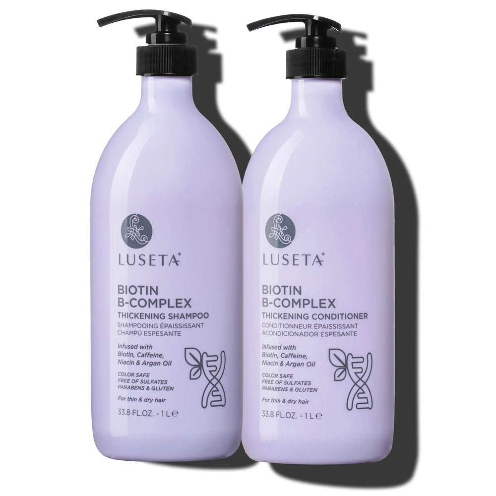 L LUSETA Biotin B-Complex Shampoo bottle promotes healthy hair growth potential.