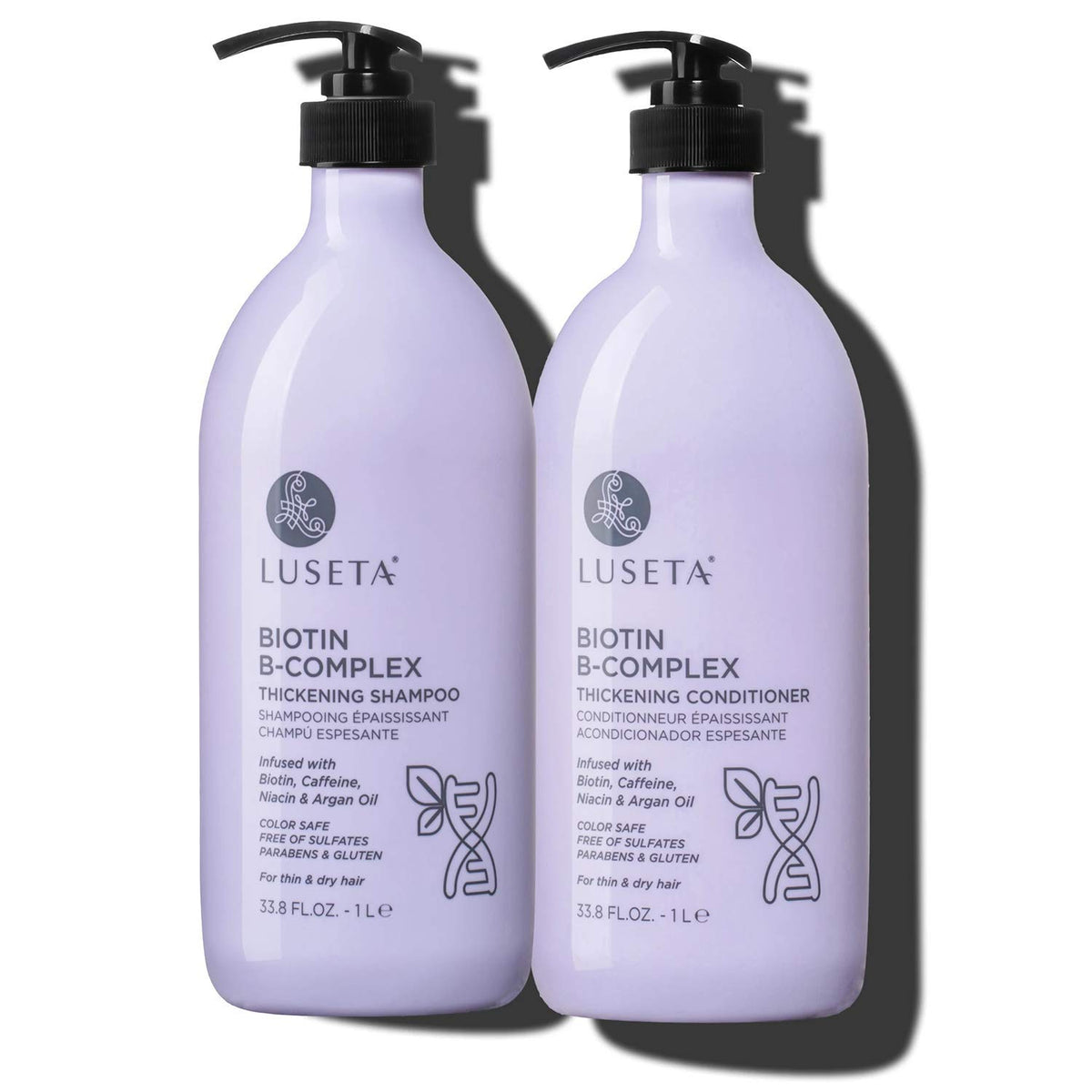 L LUSETA Biotin B-Complex Shampoo bottle promotes healthy hair growth potential.