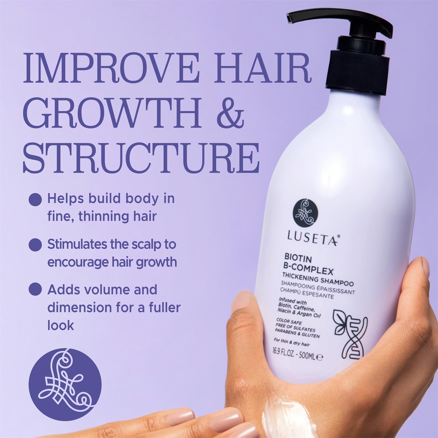 Luseta Biotin B-Complex Shampoo bottle dispensing cap for even application to scalp.