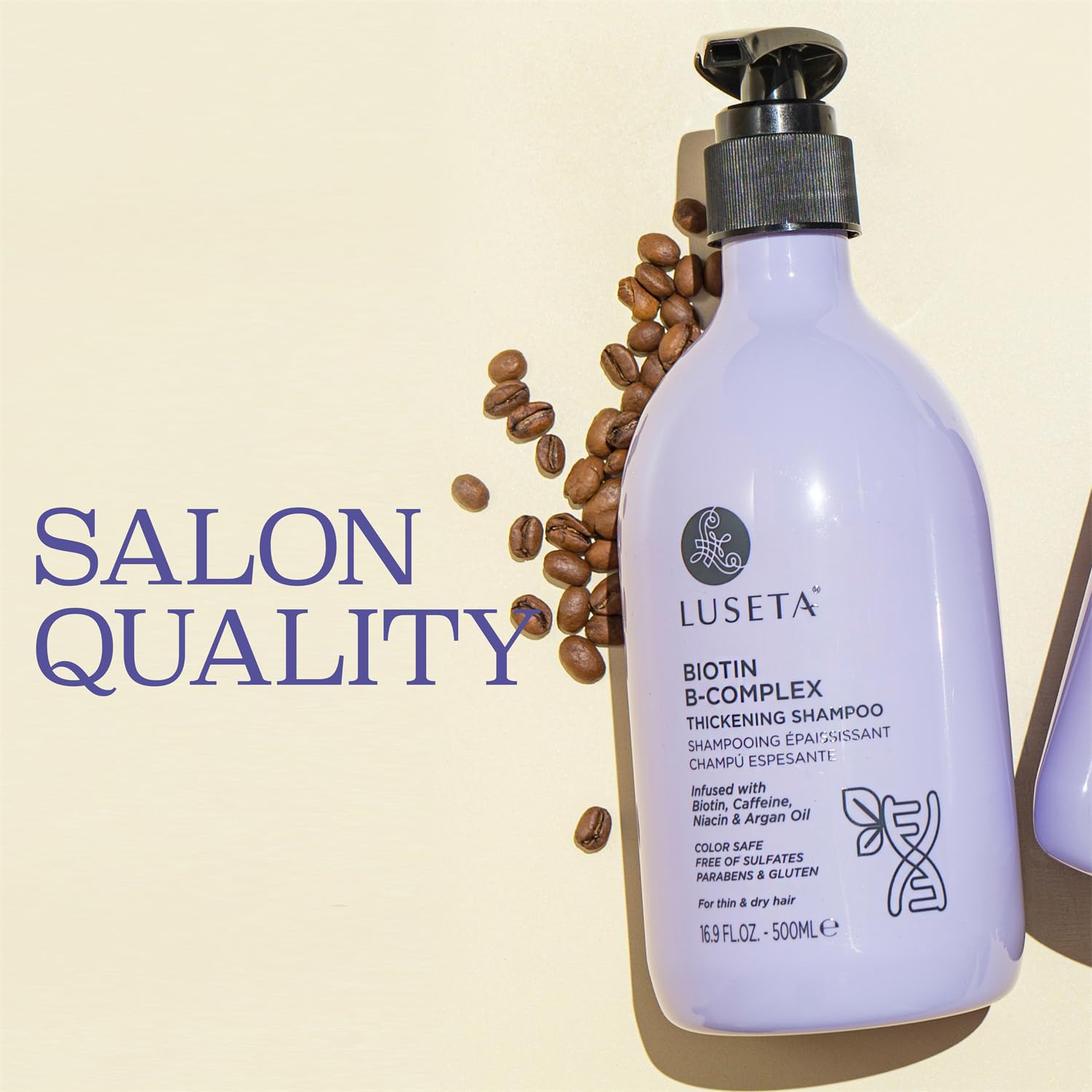Luseta Biotin B-Complex Shampoo front label emphasizes safe, all hair types.