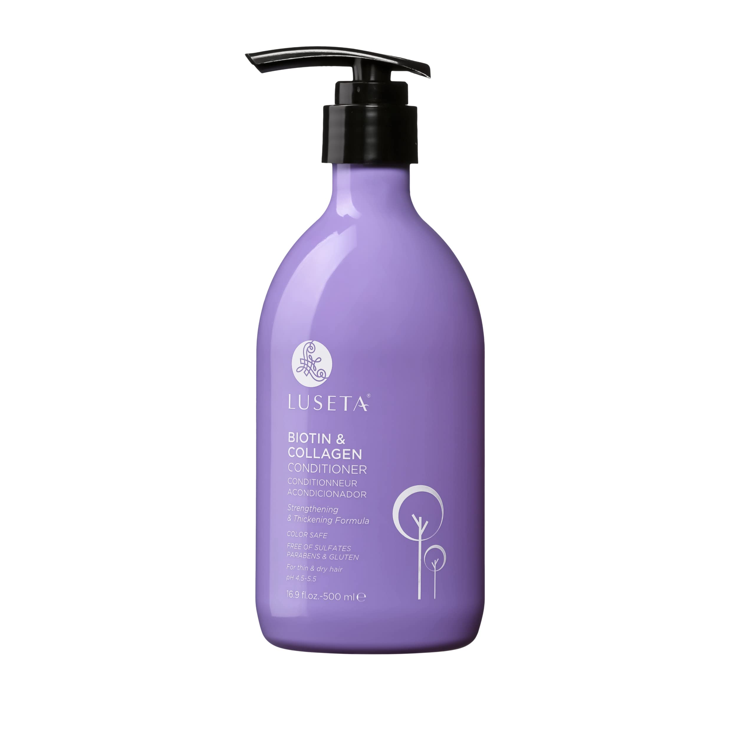 L LUSETA biotin-collagen conditioner bottle-front shows thicker-looking hair.