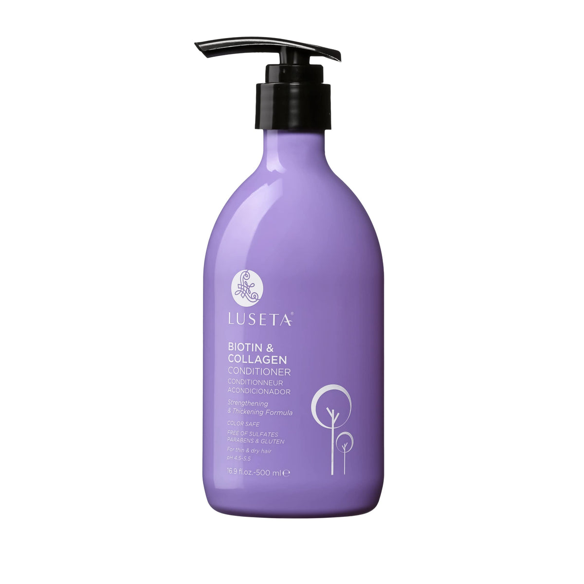 L LUSETA biotin-collagen conditioner bottle-front shows thicker-looking hair.