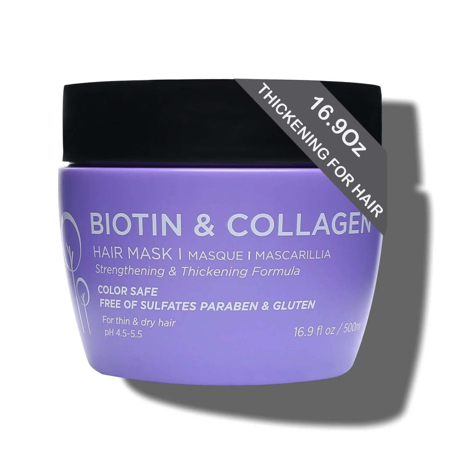 Luseta Biotin Collagen Hair Mask bottle promotes strengthening hair for dry, damaged strands.
