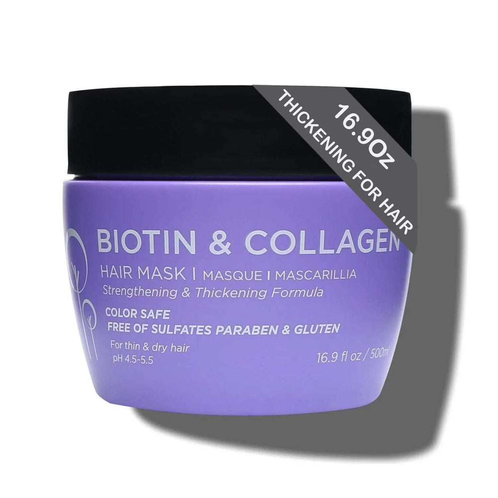 Luseta Biotin Collagen Hair Mask bottle promotes strengthening hair for dry, damaged strands.