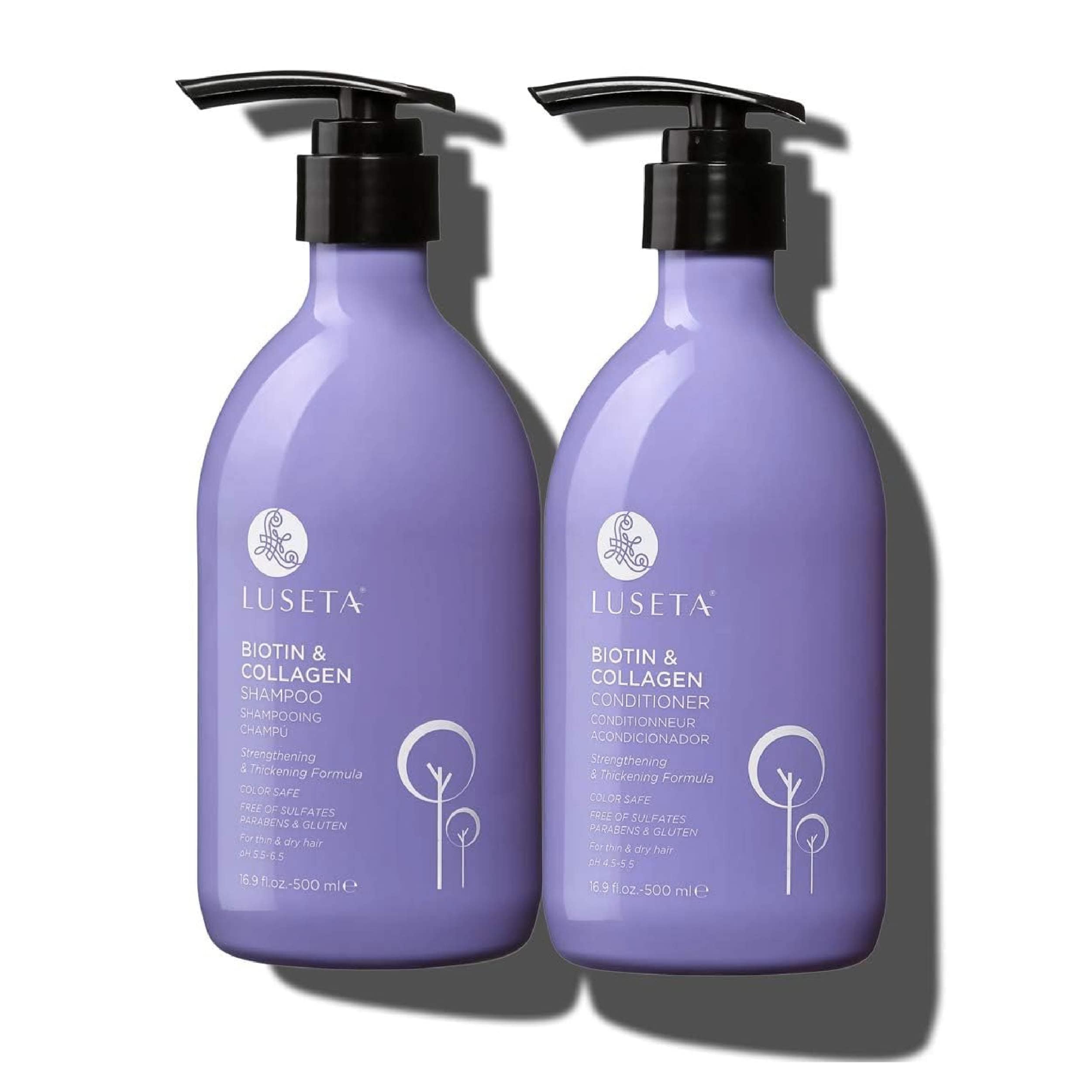 L Luseta Biotin Shampoo bottle closeup highlighting nourishment for thicker-looking hair