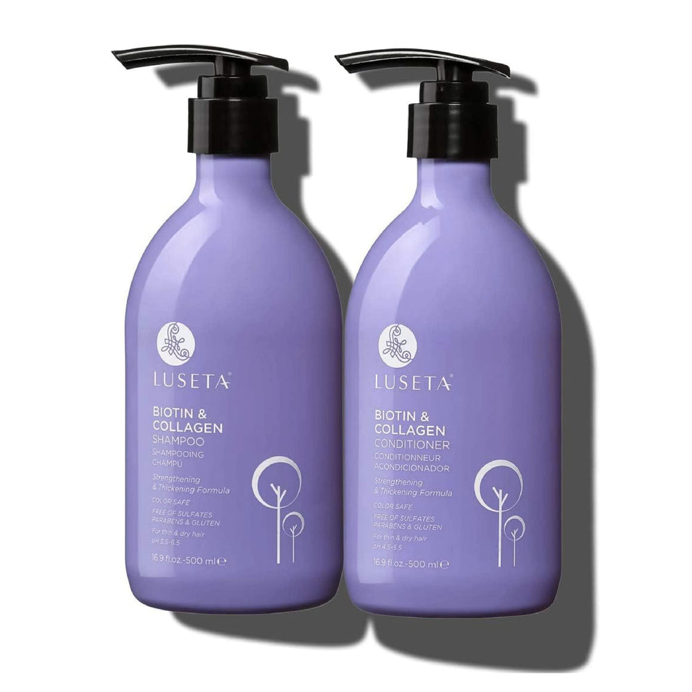 L Luseta Biotin Shampoo bottle closeup highlighting nourishment for thicker-looking hair
