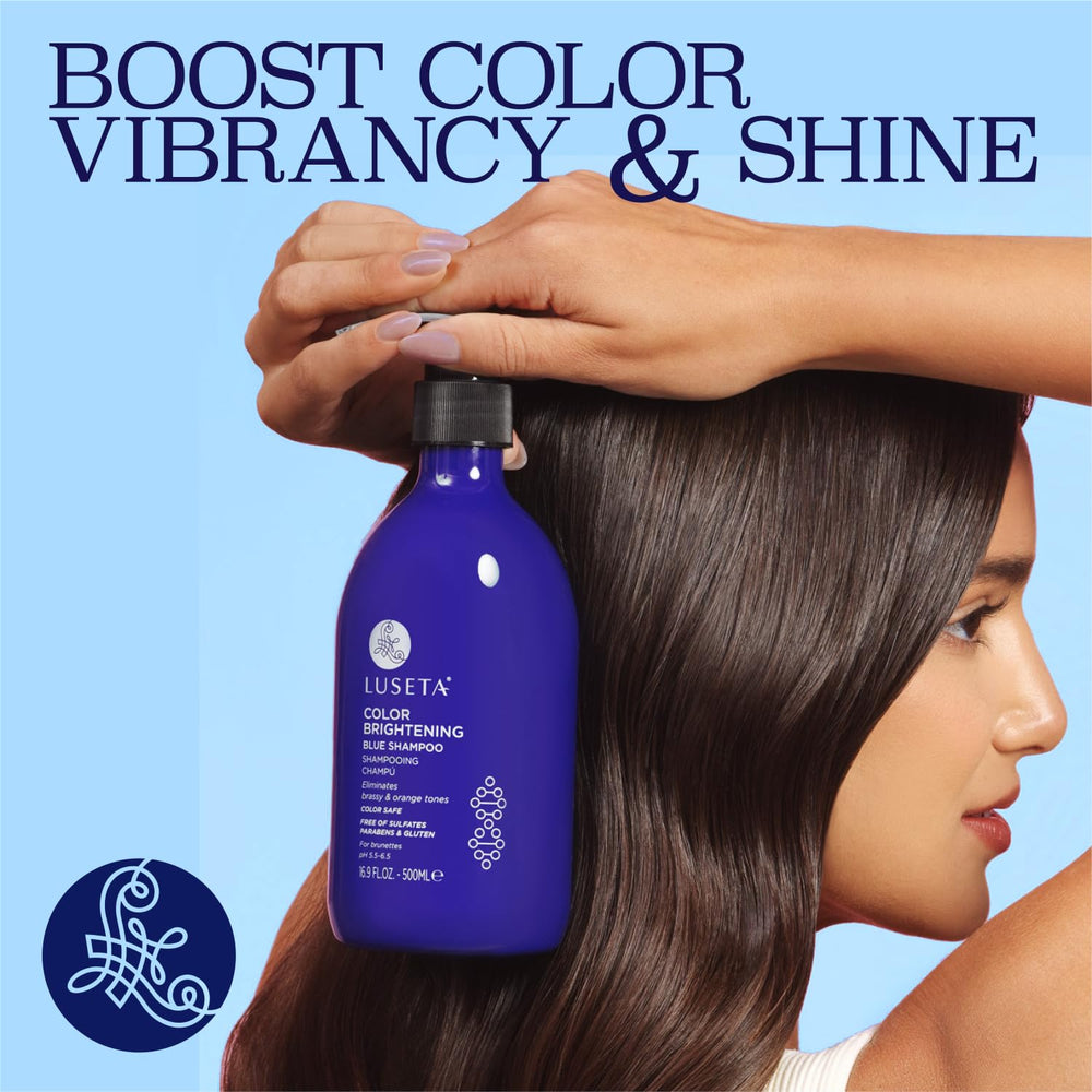Luseta blue conditioner bottle closeup indicating color protection for dyed hair.