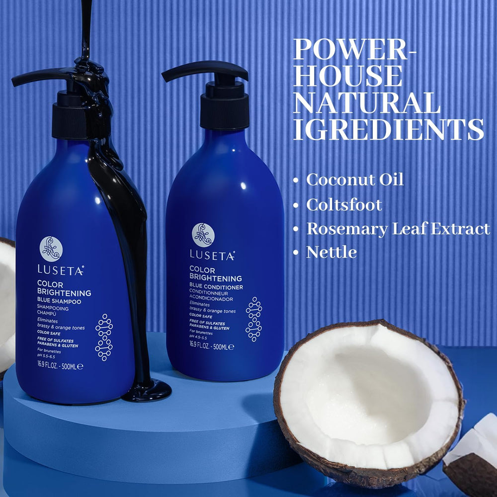 L LUSETA Blue Conditioner bottle supports color vibrancy and cuticle sealing after shampoo.