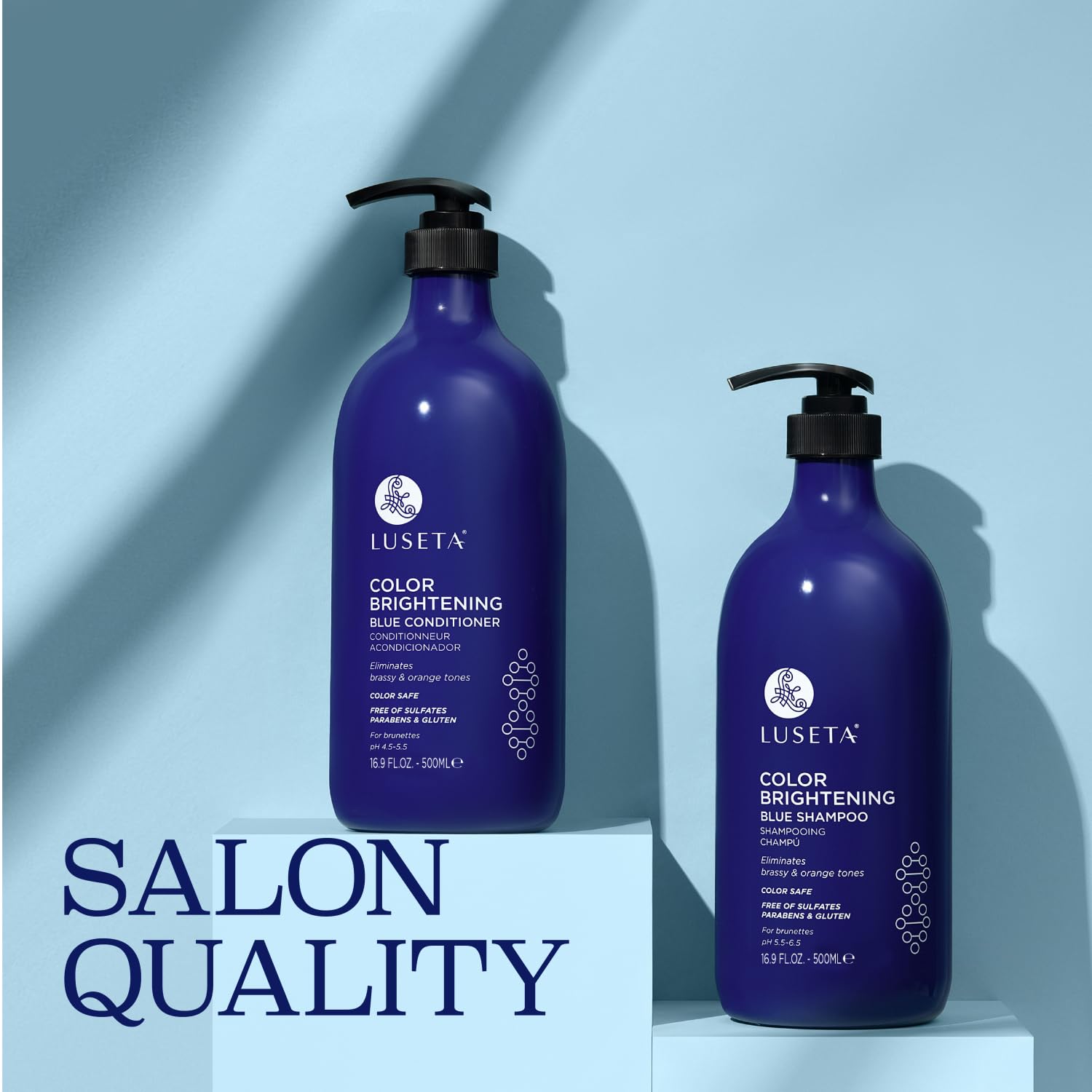 Luseta blue shampoo and conditioner on bathroom shelf ready for routine.