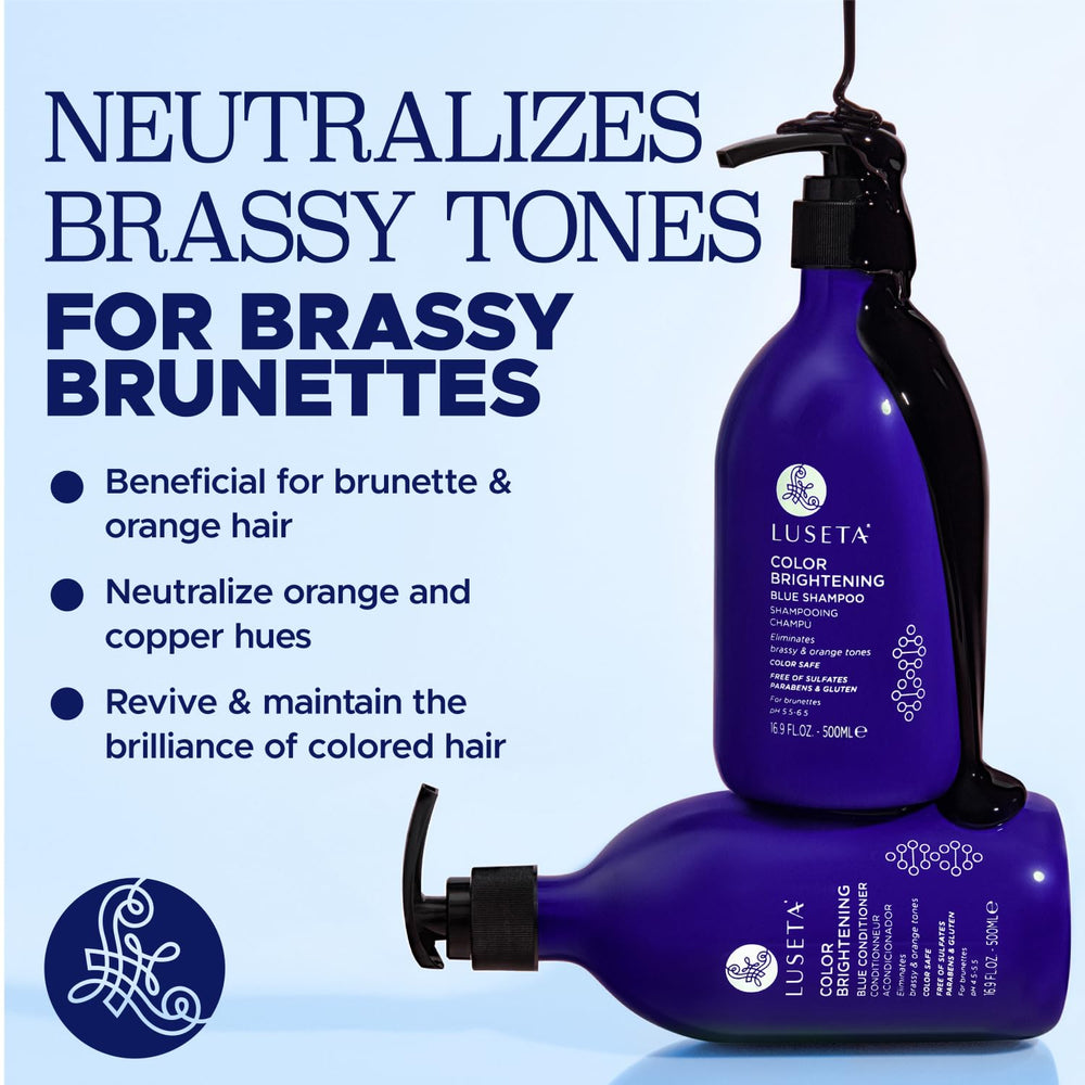 Luseta blue shampoo label detail emphasizes anti-brass properties.