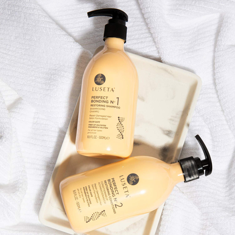 L Luseta Bonding Restoring Duo on shower shelf ready for use
