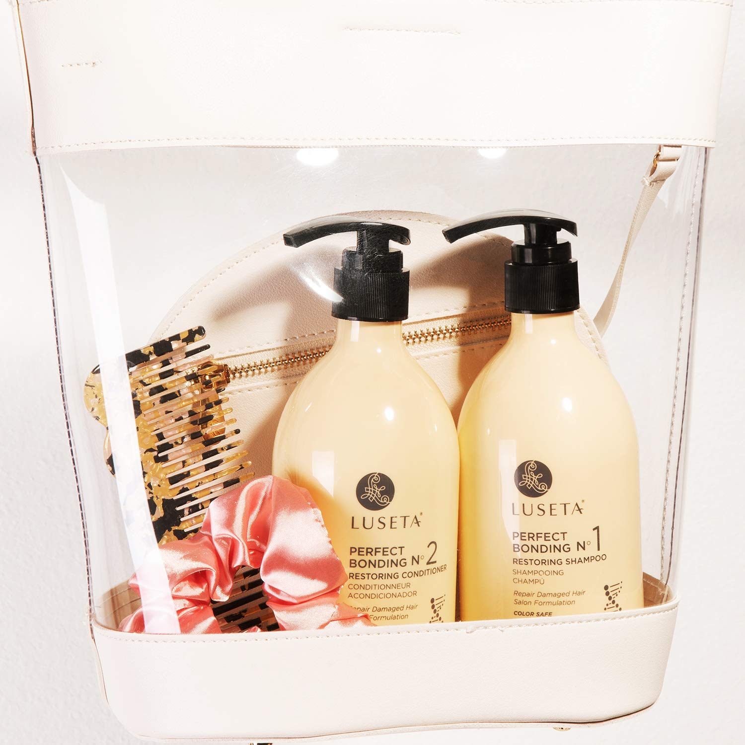 Close-up of Luseta bottle labels, bond strengthening and color longevity messaging