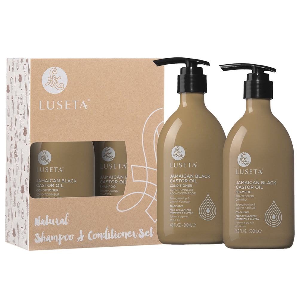 Sulfate-free and gluten-free labels on Luseta shampoo and conditioner.