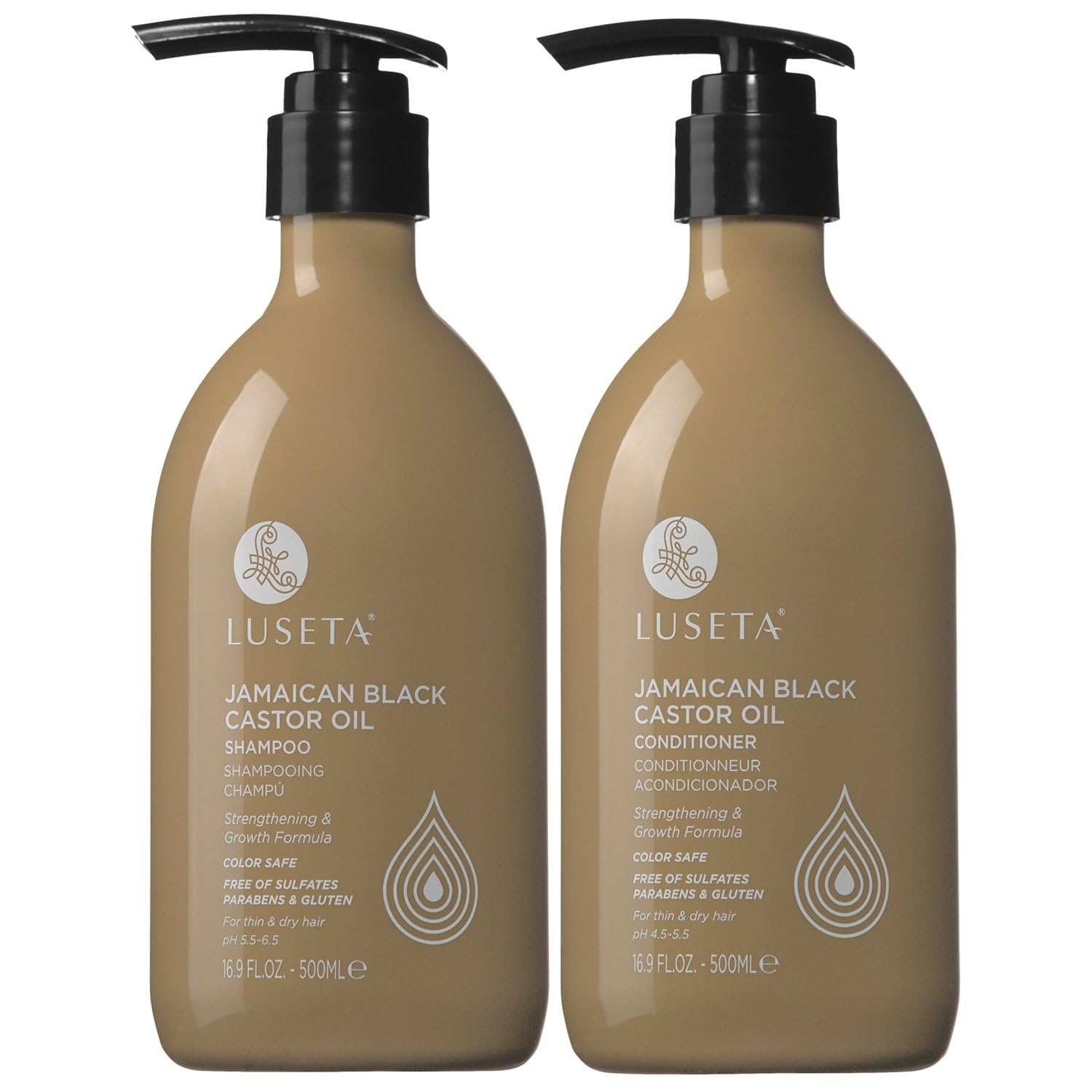 L Luseta castor oil shampoo bottle highlights strengthening formula for fuller-looking hair.