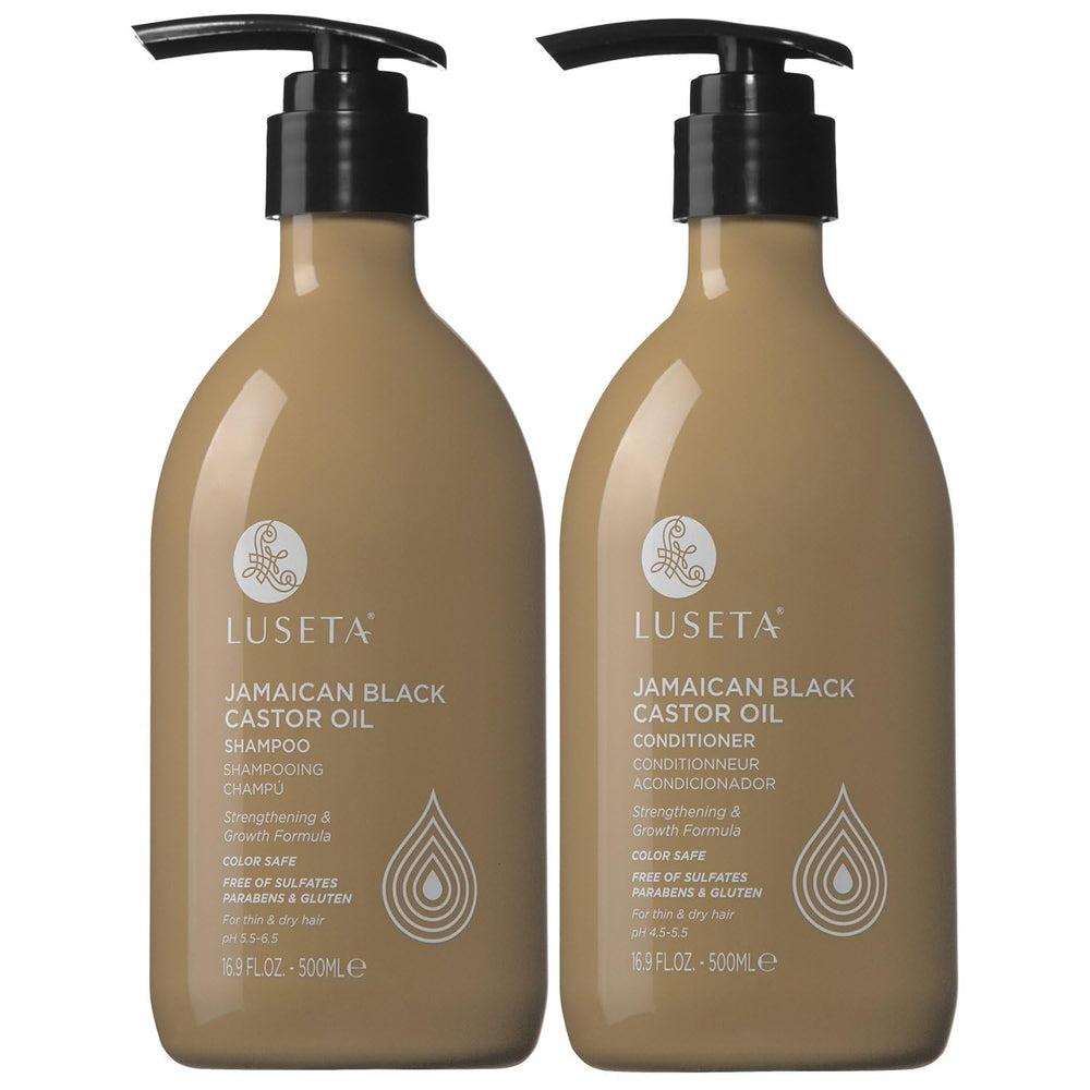 L Luseta castor oil shampoo bottle highlights strengthening formula for fuller-looking hair.