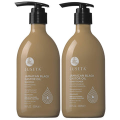 L Luseta castor oil shampoo bottle highlights strengthening formula for fuller-looking hair.
