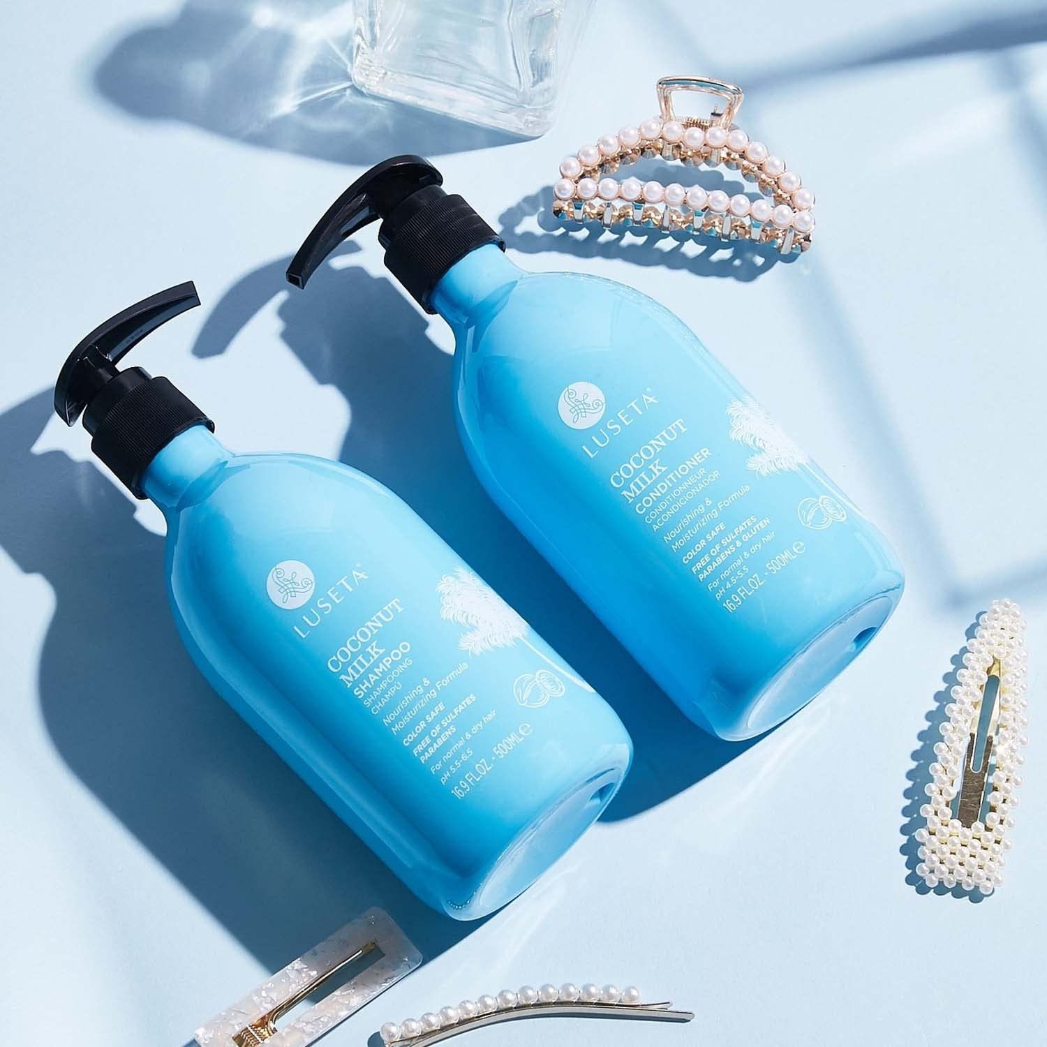 L LUSETA Coconut Milk duo on bathroom sink ready for daily wash