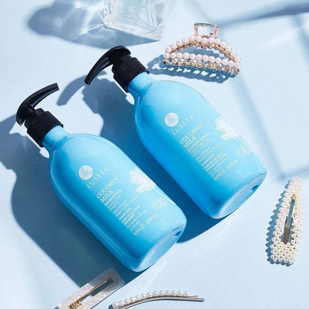 L LUSETA Coconut Milk duo on bathroom sink ready for daily wash