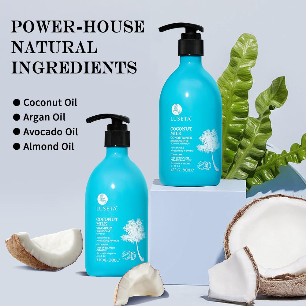 L LUSETA Coconut Milk Conditioner bottle demonstrates detangling and softness