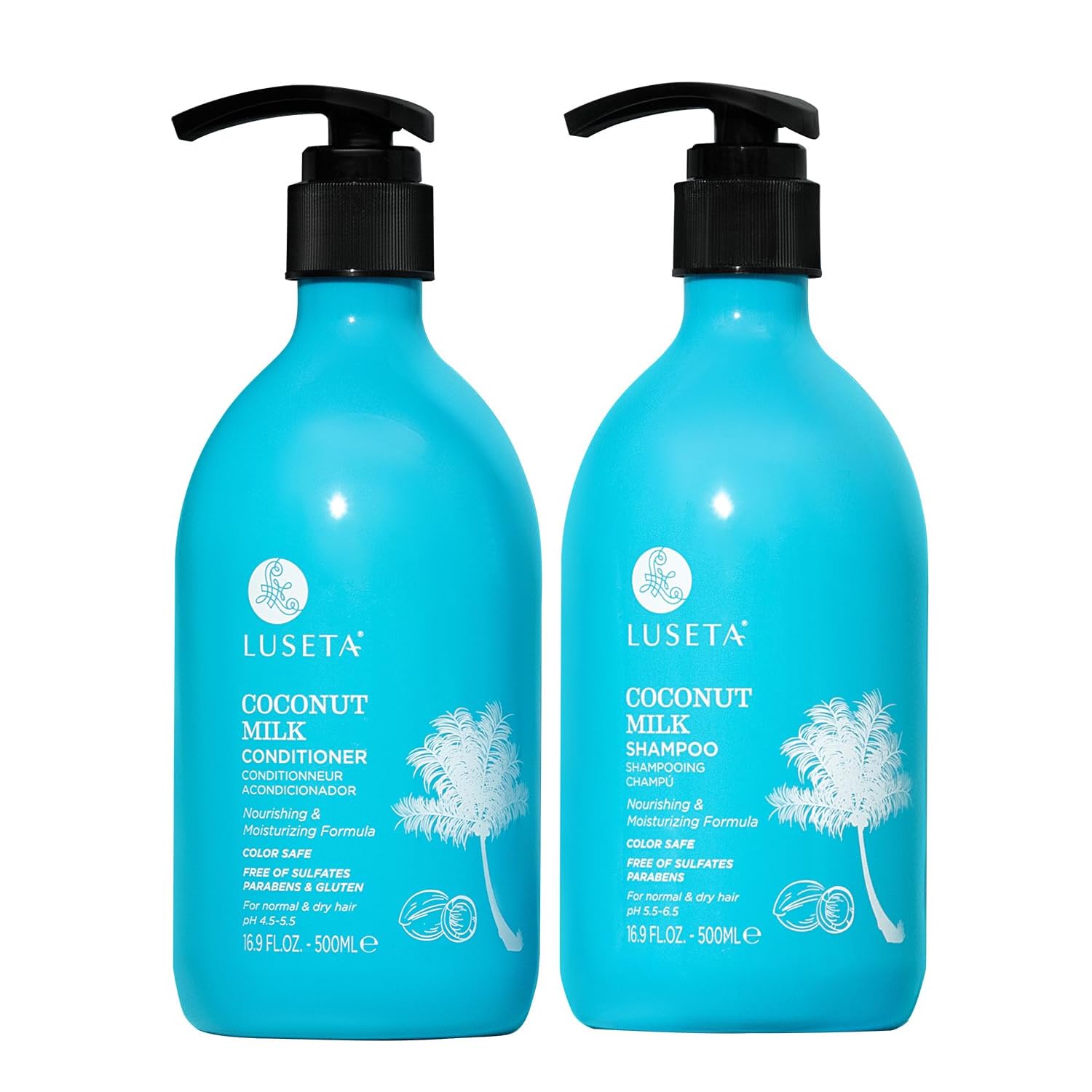 L LUSETA Coconut Milk Shampoo bottle highlights moisturizing, color-safe formula