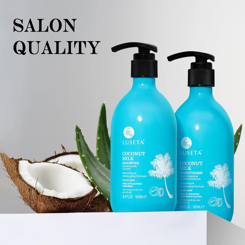 L LUSETA Coconut Milk Shampoo label shows sulfate-free, color-safe formula