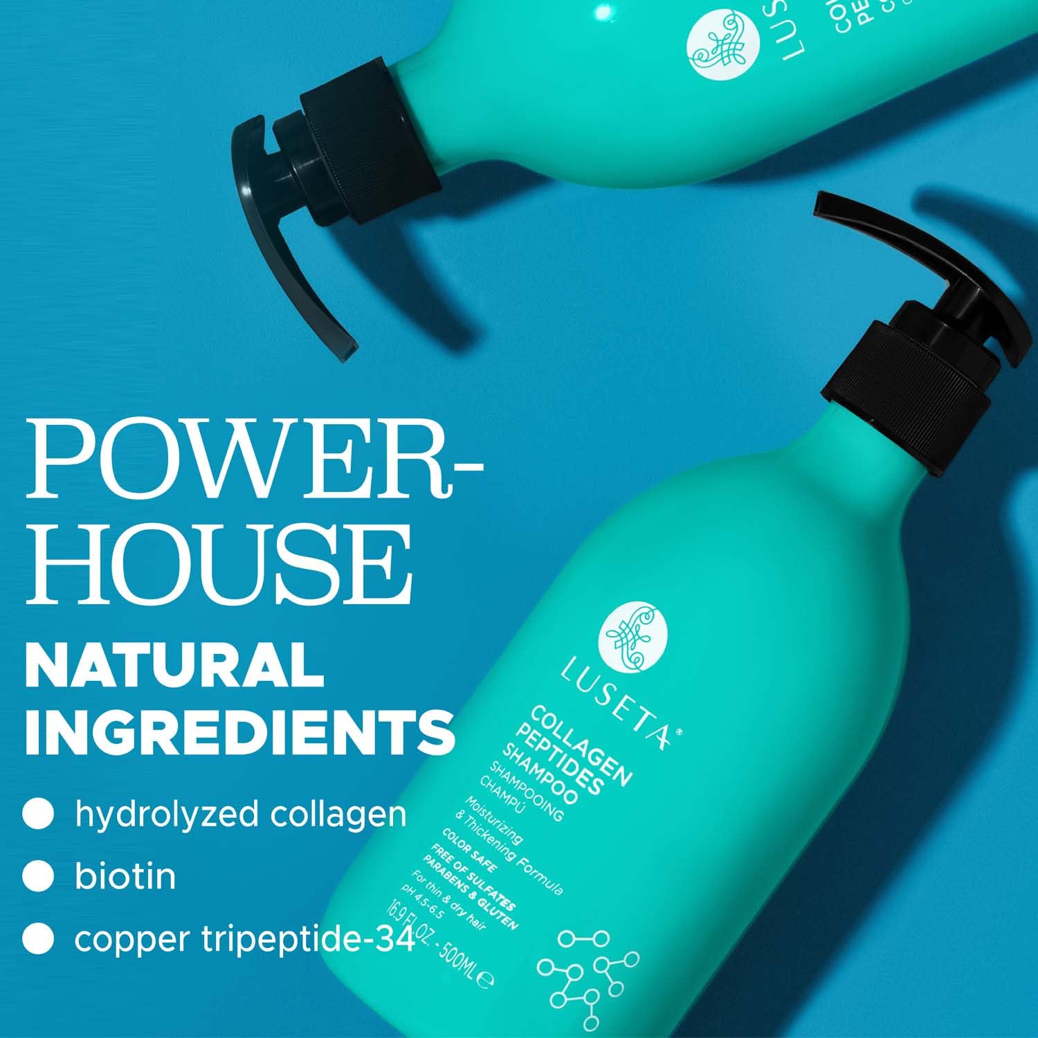 L Luseta collagen peptides shampoo label closeup highlights nourishing fortification.