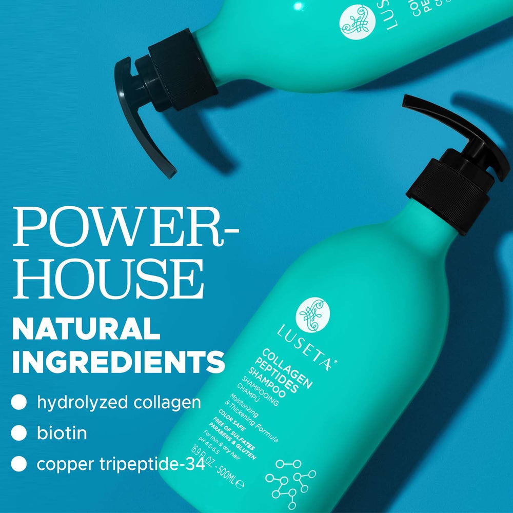 L Luseta collagen peptides shampoo label closeup highlights nourishing fortification.