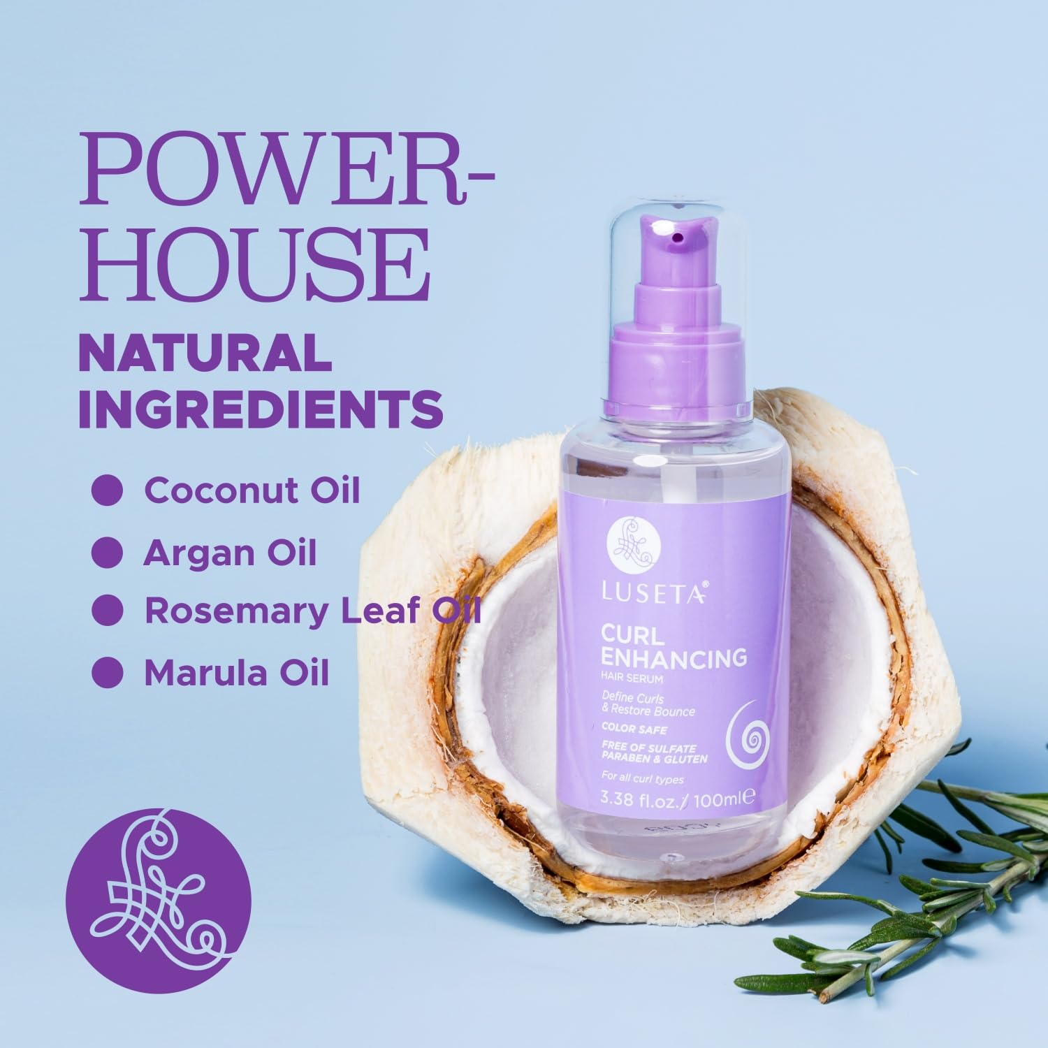 Luseta Curl Enhancing Oil label closeup highlights coconut moisture