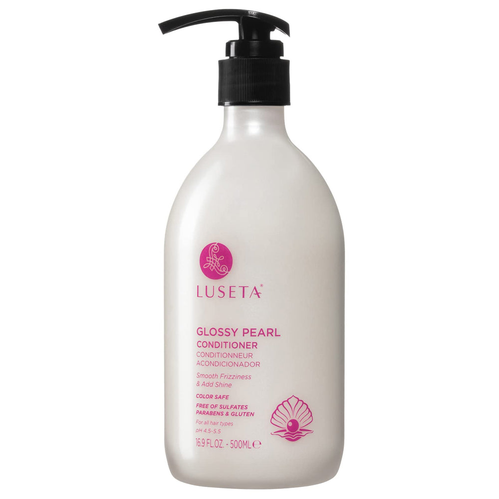 Luseta Glossy Pearl Conditioner bottle front highlighting shine and frizz control.