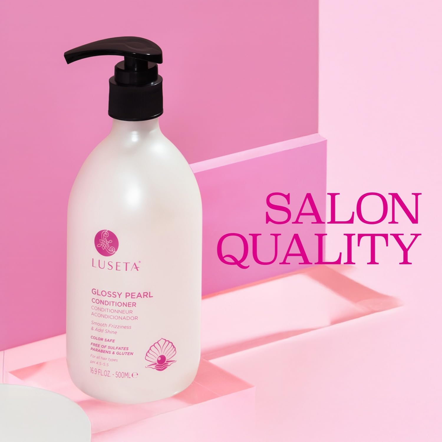 Luseta Glossy Pearl Conditioner bottle top shot for premium hair smoothing.