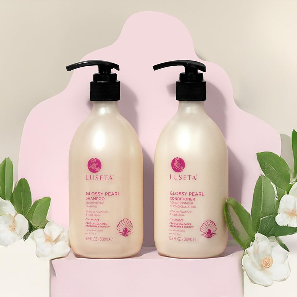 Luseta glossy pearl conditioner bottle delivers frizz control for sleek, manageable strands.