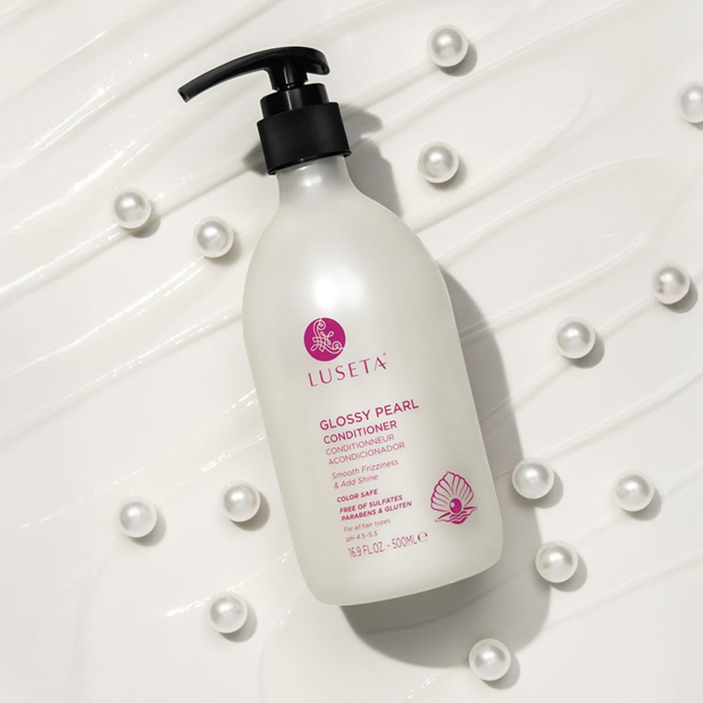 Luseta Glossy Pearl Conditioner ingredients closeup emphasizing pearl extract benefits.
