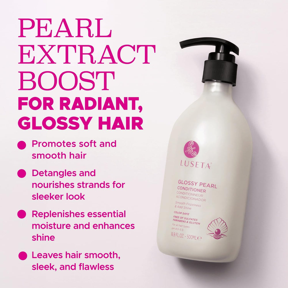 Luseta Glossy Pearl Conditioner model with smooth hair after use.