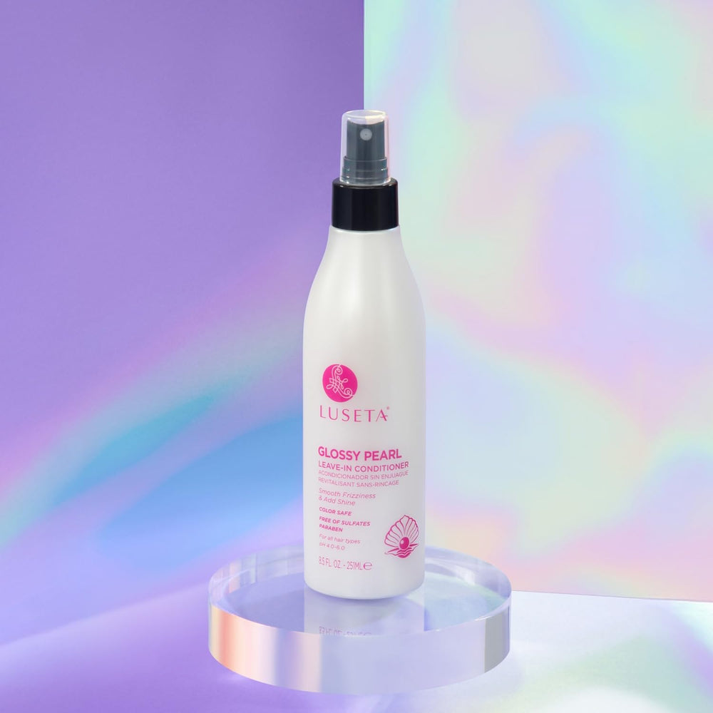 L Luseta Glossy Pearl Leave-In shown with a frizz-free result.