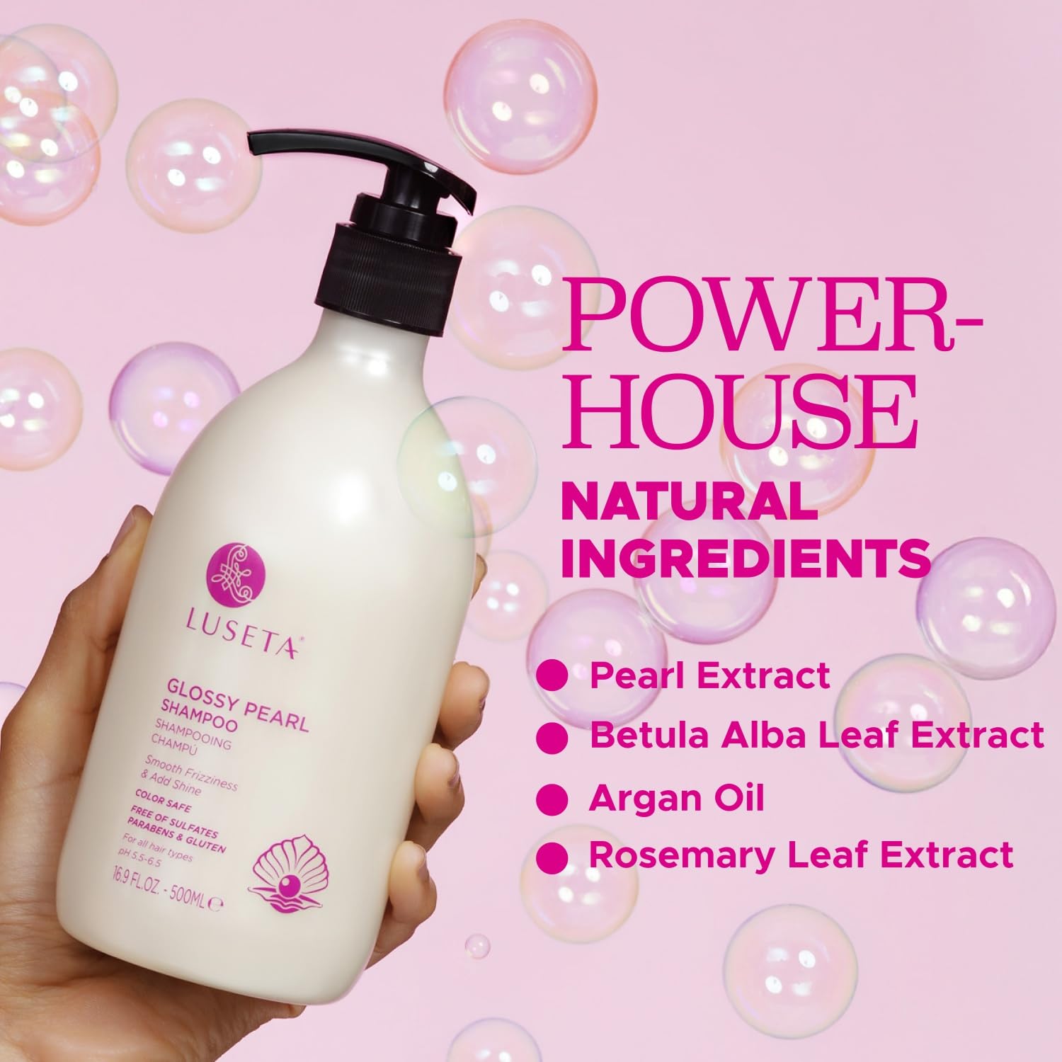 Luseta Glossy Pearl Shampoo application scene depicting gentle wash for frizz-prone hair.