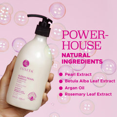 Luseta Glossy Pearl Shampoo application scene depicting gentle wash for frizz-prone hair.