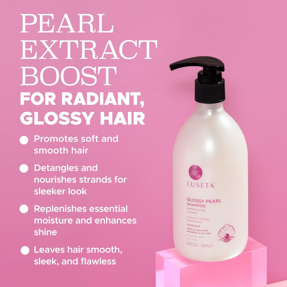 Luseta Glossy Pearl Shampoo bottle label closeup emphasizes pearl extract and color-safe care.