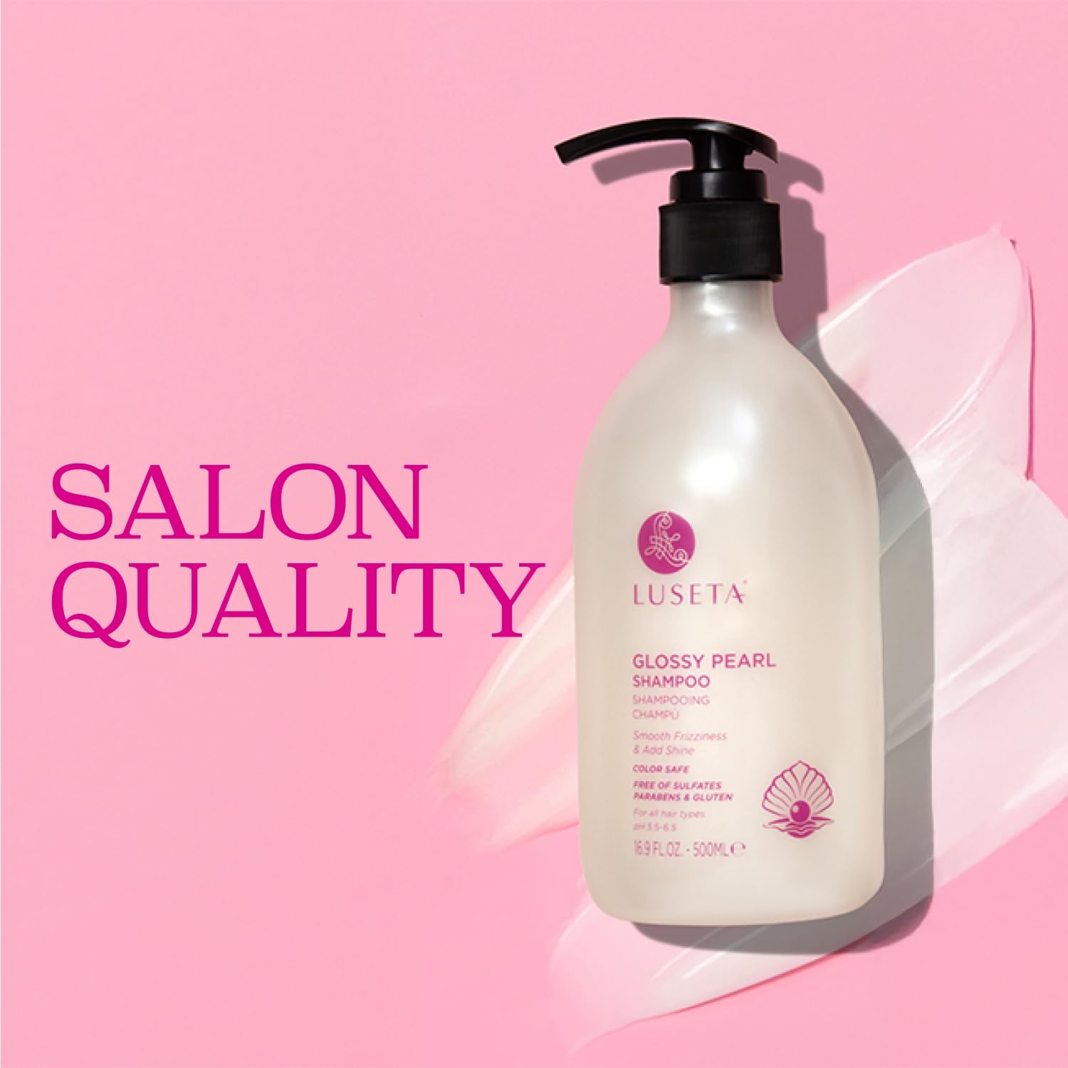 Luseta Glossy Pearl Shampoo packaging box with product features.