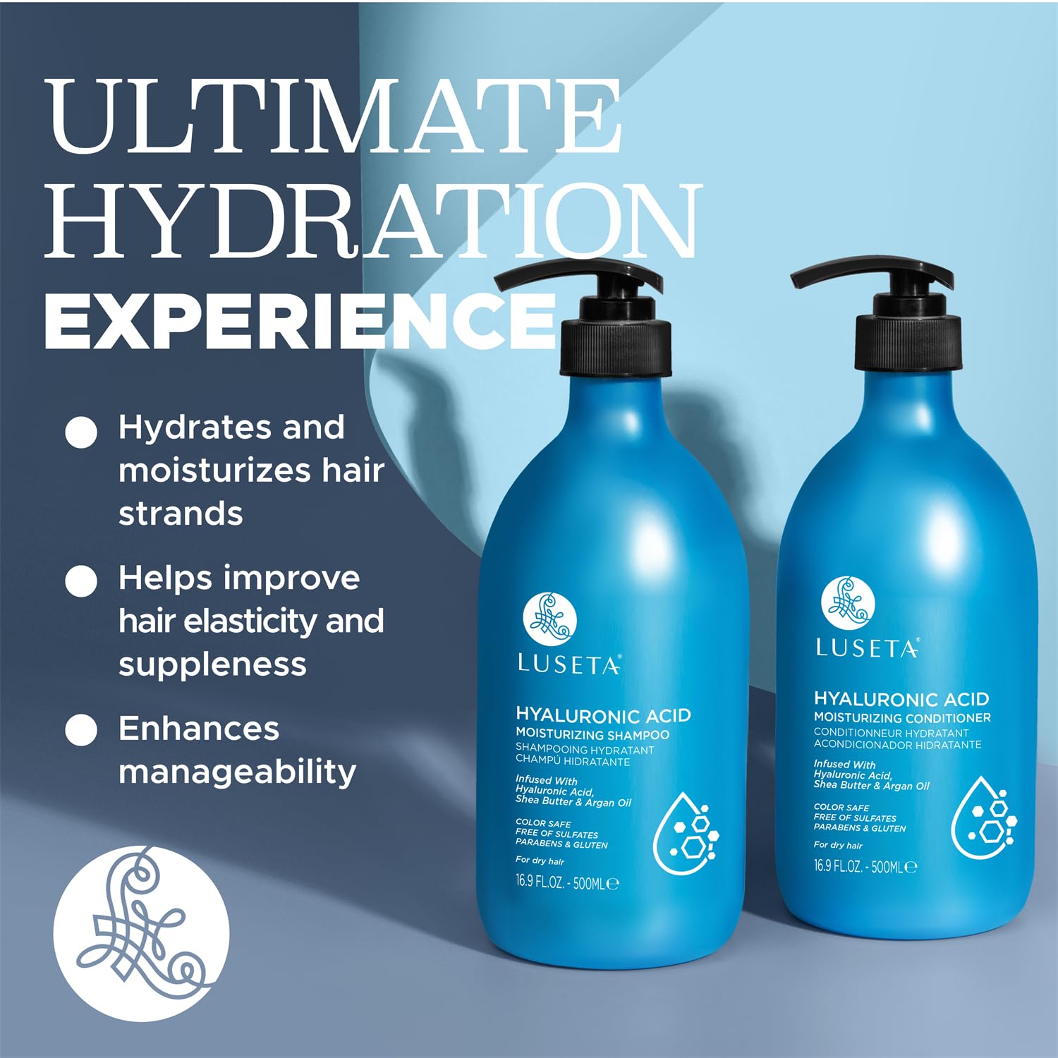 Luseta ingredients close-up with hyaluronic acid, argan oil and shea butter benefits.