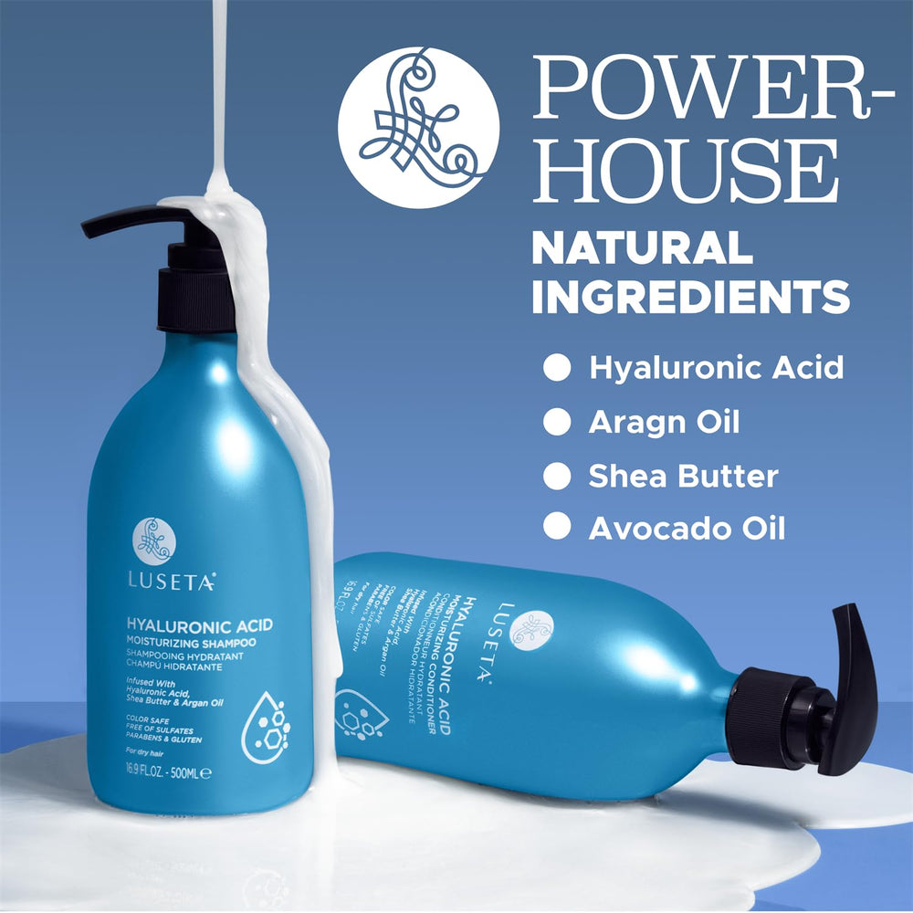 Luseta Hyaluronic Shampoo lather shot showing rich moisture for dry hair.