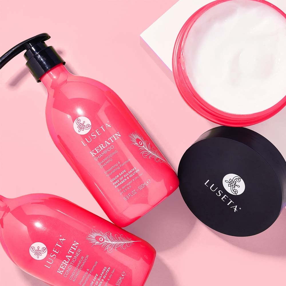 L LUSETA Keratin Conditioner application closeup hints nourishing repair for damaged hair.